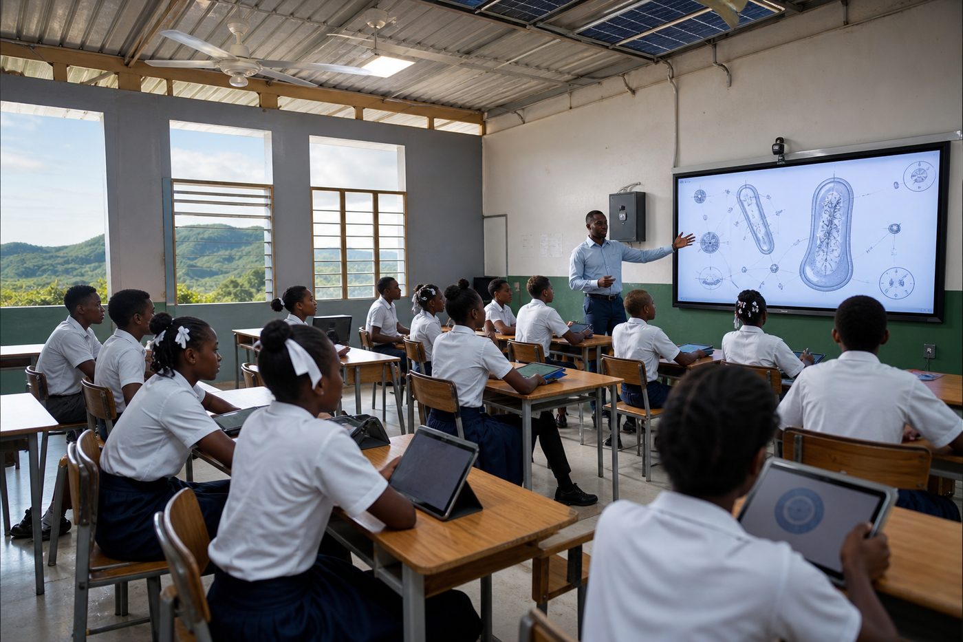 Modern Haitian classroom with tablets and interactive smartboard learning