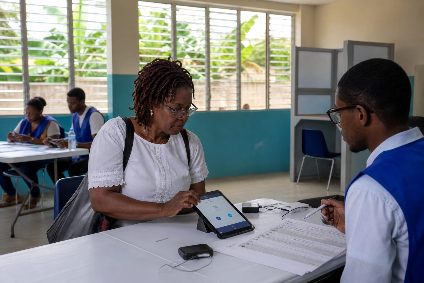Advanced Haitian polling station: voter casting a ballot on a secure digital tablet
