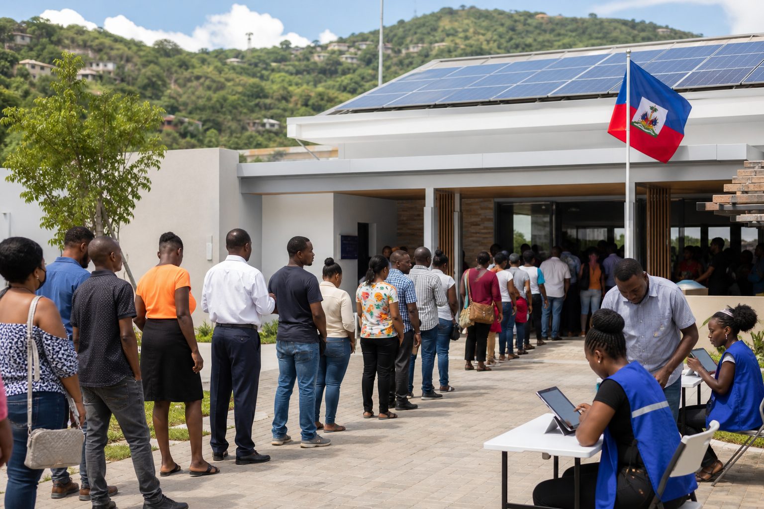Advanced Haitian election day: voters lining up at a modern solar-powered polling station