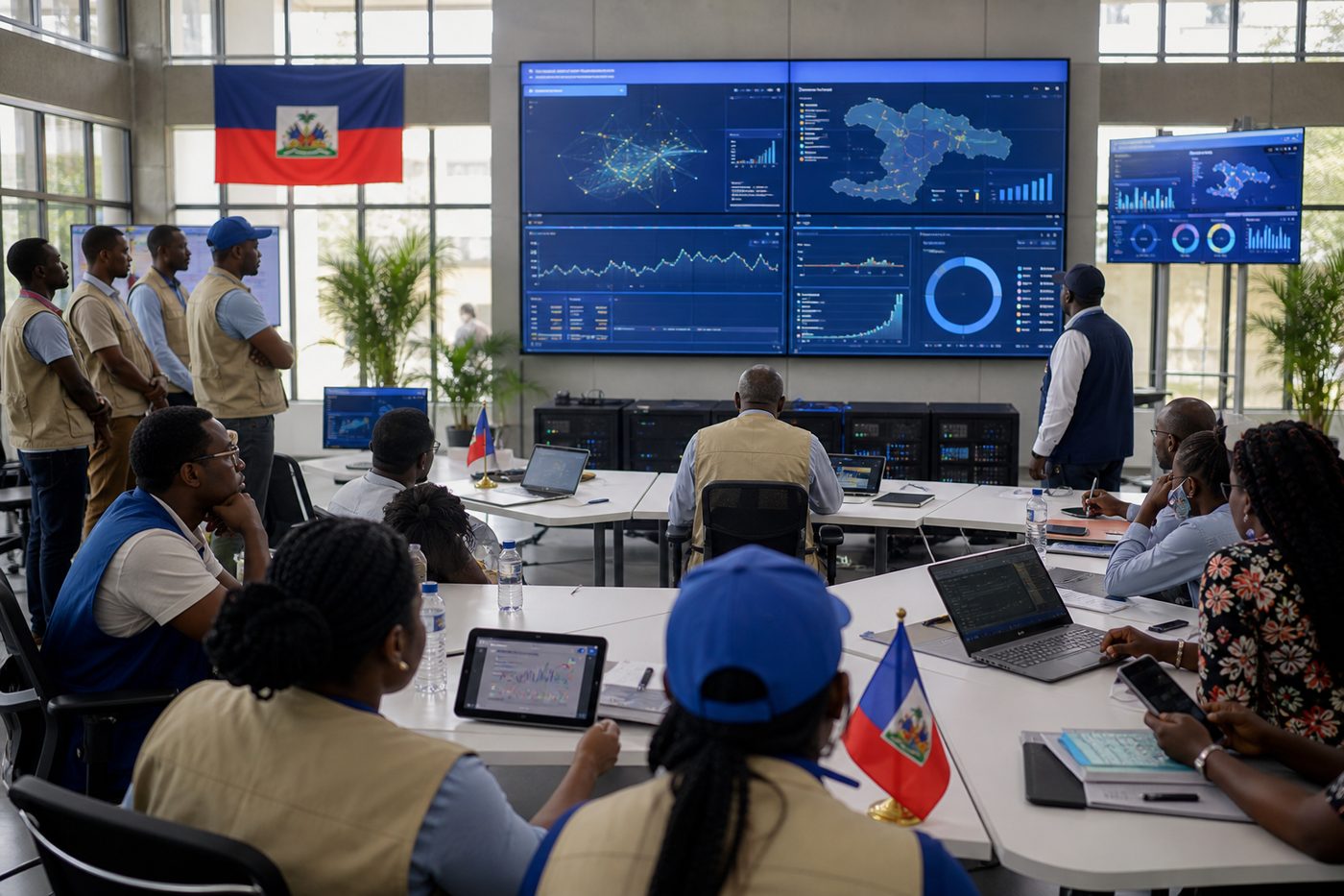 Advanced Haitian civic center: observers monitoring transparent digital election results