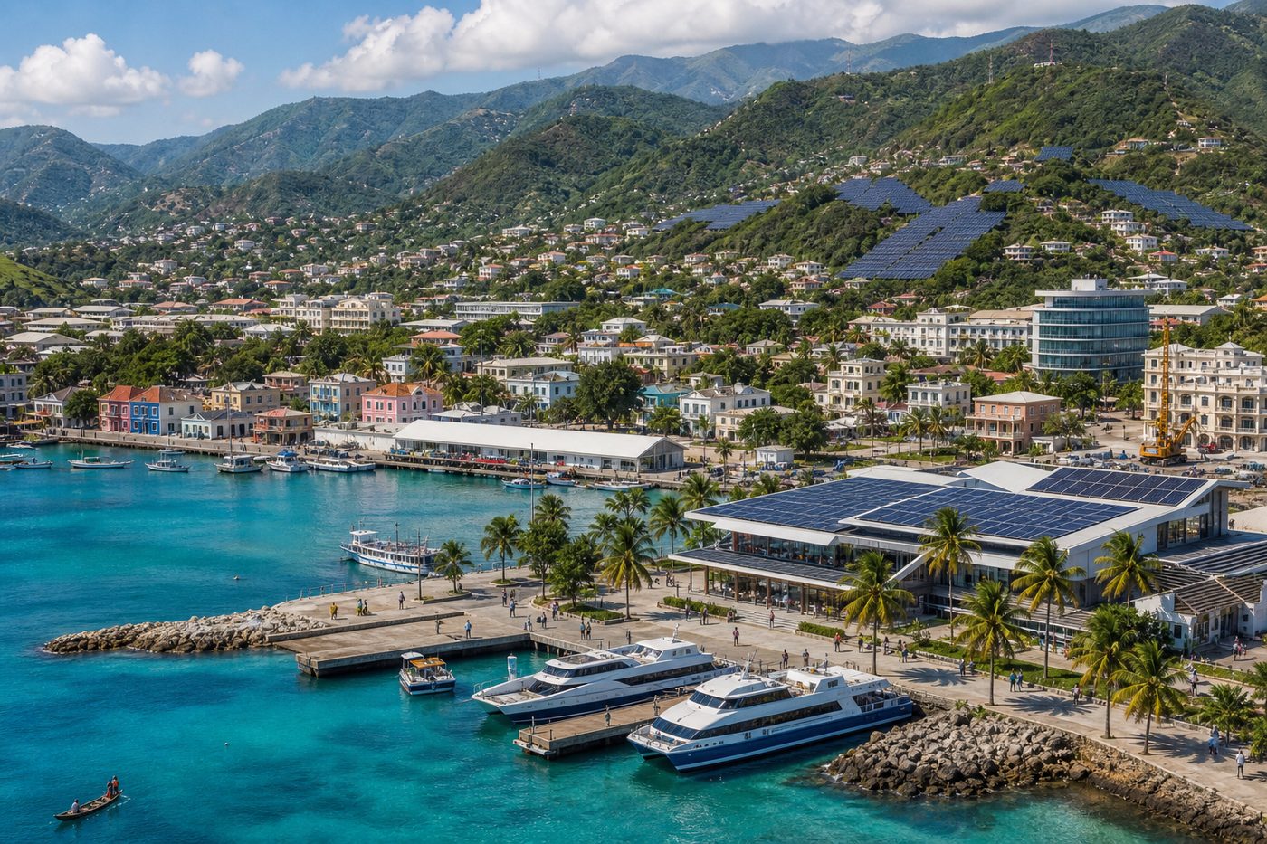 Advanced Haitian Caribbean coastline with clean energy and modern port