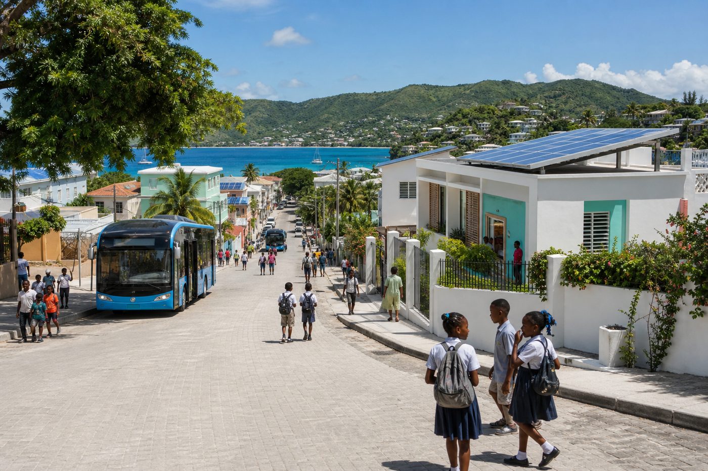 Advanced hopeful Haitian coastal community with solar homes and clean streets