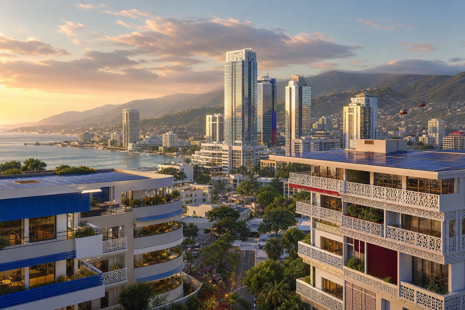 Advanced futuristic Port-au-Prince skyline with Haitian Caribbean character